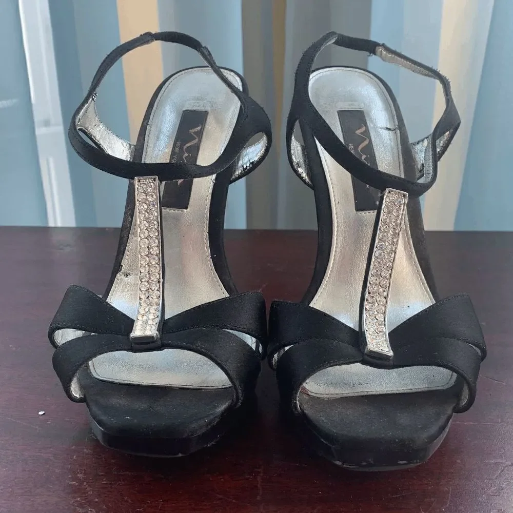 Nina Womens High Heels Peep Toe Sandals Ankle Strap Black Silver Shoes Size 6